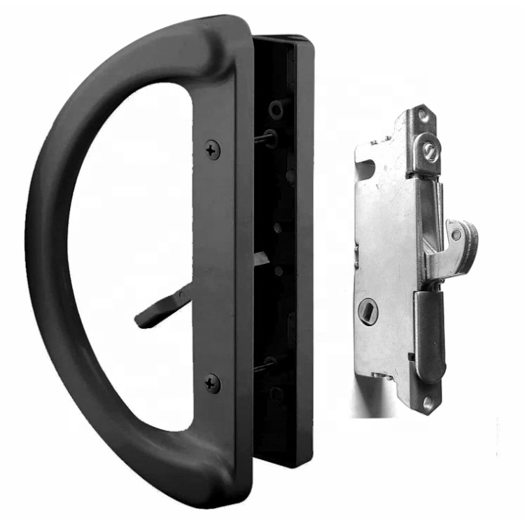 Patio Sliding Glass Door Handle Set With 45 degree Mortise Lock Adjustable Spring-Loaded Hook Latch Mortise Door Lock Body